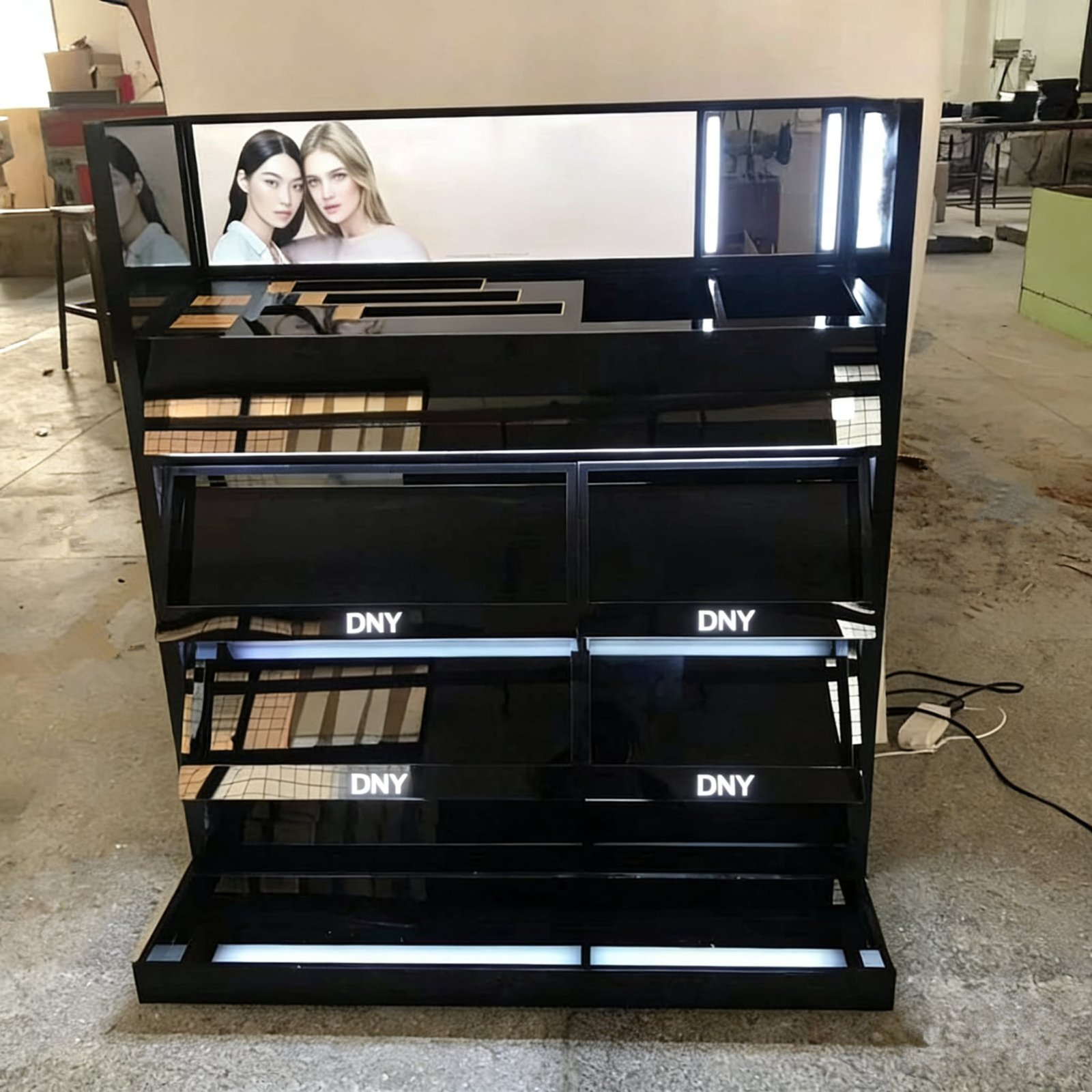 Custom cosmetic counter display -- lipstick towers, skincare shelves and perfume stands, L'Oréal approved eco-compliant fixtures by DNY Display