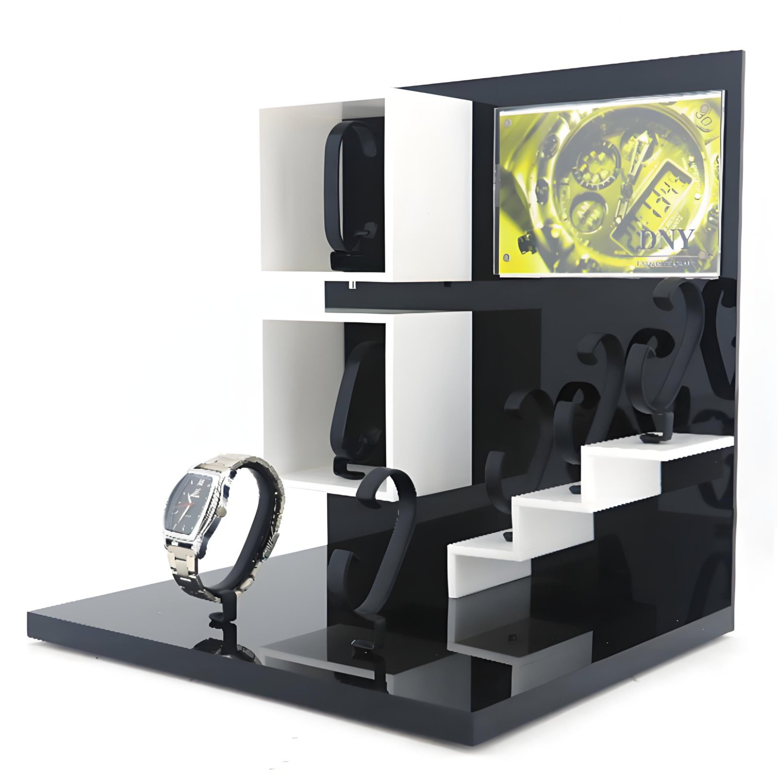 Custom watch display set -- luxury watch pillows, trays and towers manufactured by DNY Display, trusted by Rolex, Tudor, Swatch and Seiko