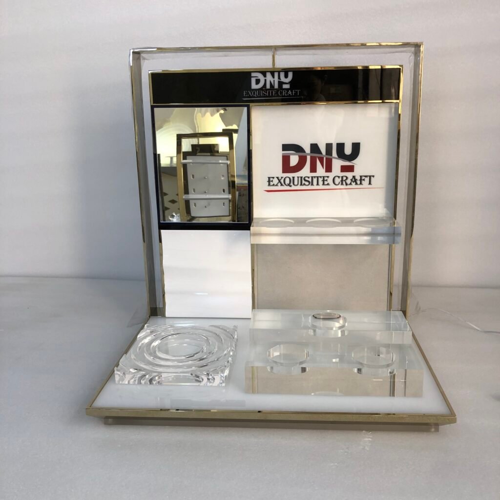 Custom LED Backlit Cosmetic Stand with Metal Frame & Cutout Logo