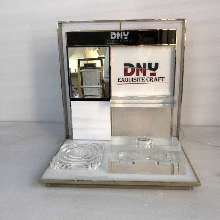 Custom LED Backlit Cosmetic Stand with Metal Frame & Cutout Logo