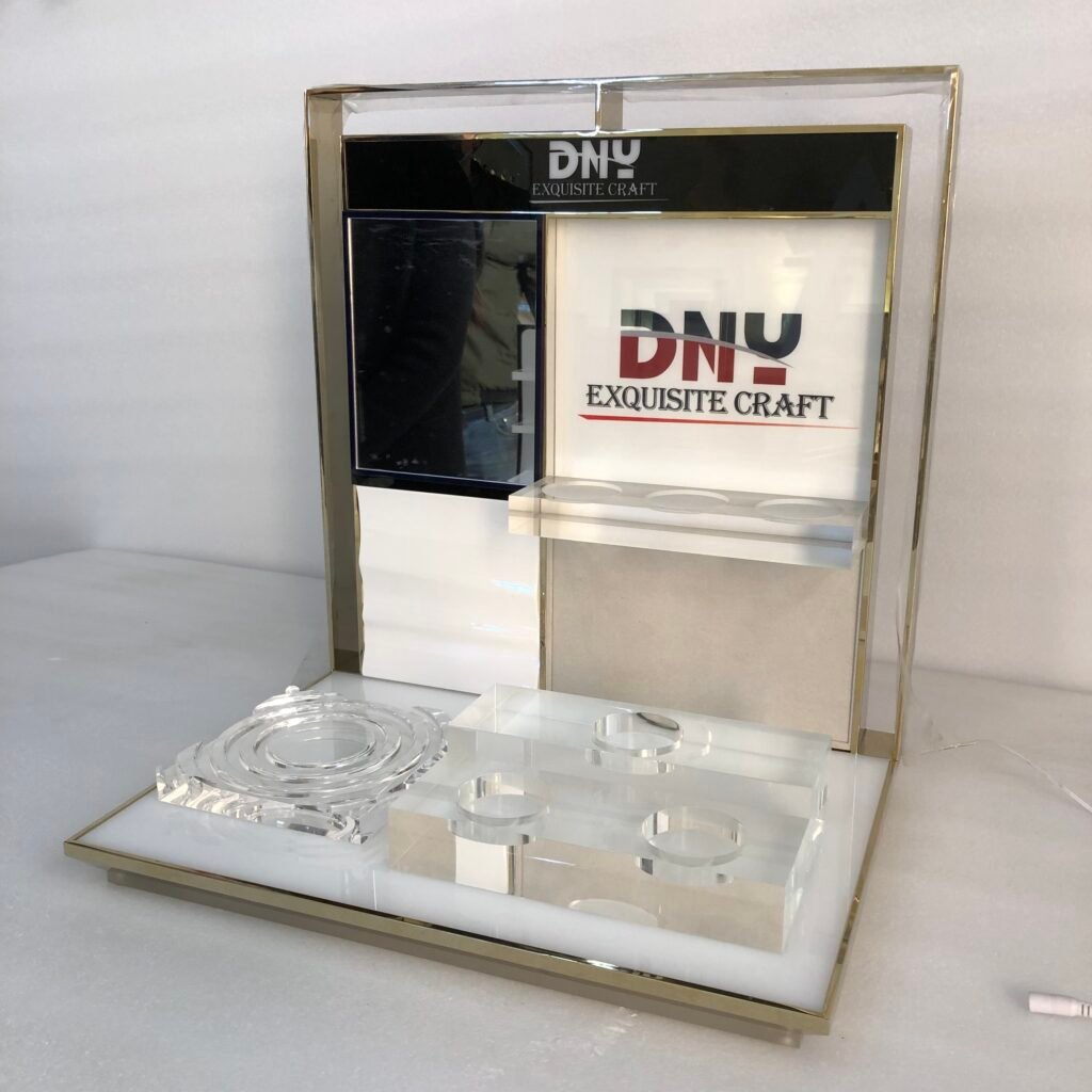 Custom LED Backlit Cosmetic Stand with Metal Frame & Cutout Logo