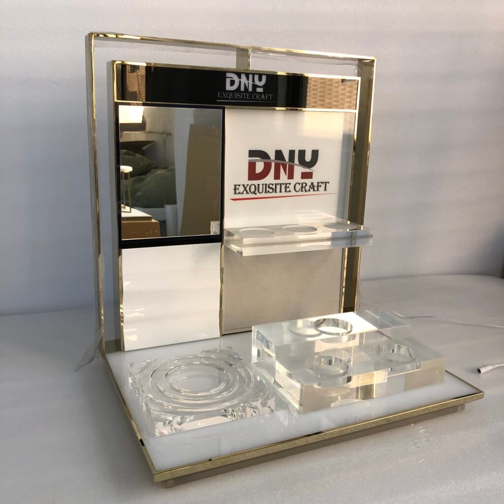 Custom LED Backlit Cosmetic Stand with Metal Frame & Cutout Logo