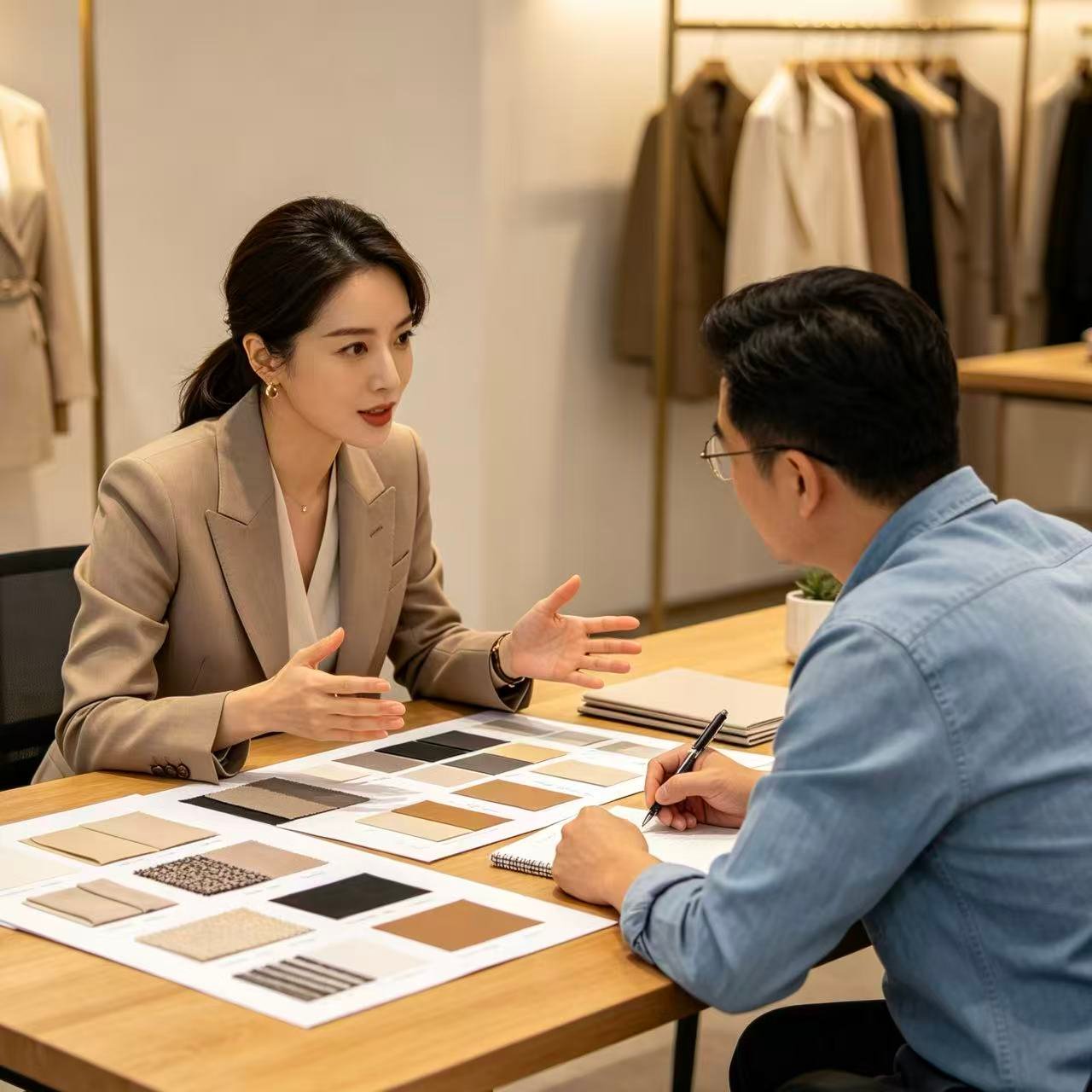 A visual merchandising manager in a discussion with a supplier