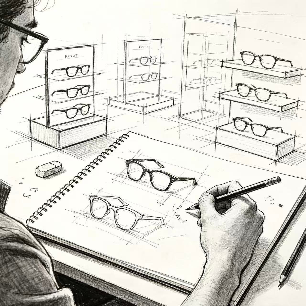 A designer sketching ideas for an eyewear display