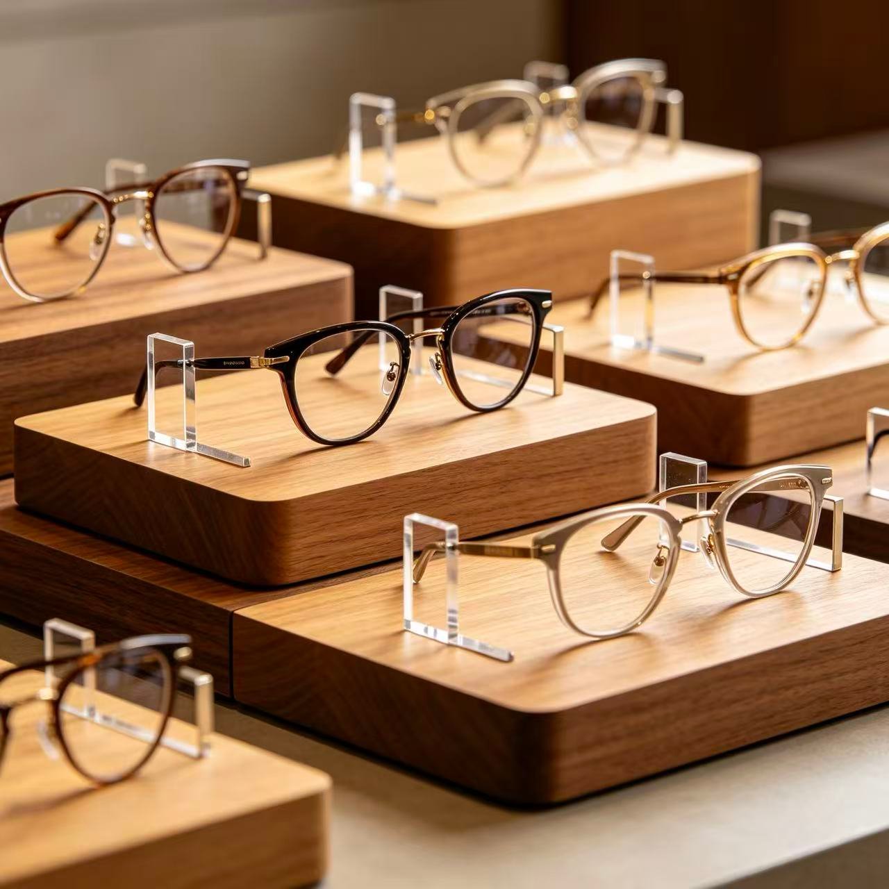 A collection of custom eyeglasses displays made from wood, acrylic, and metal