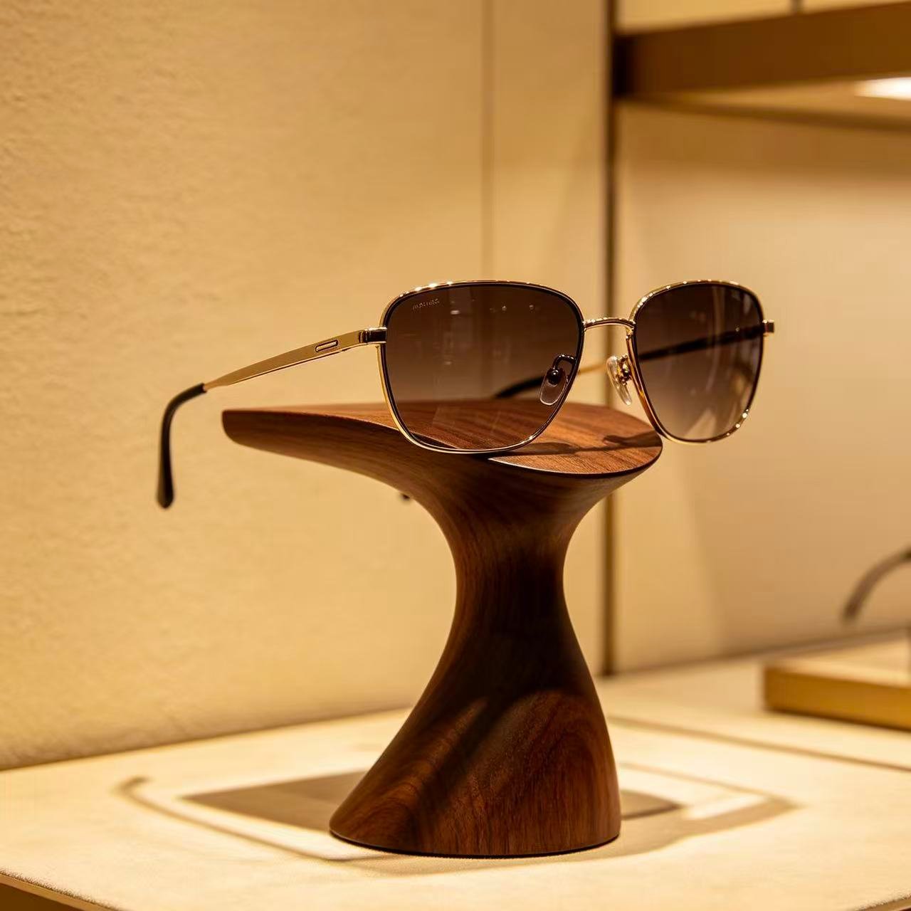 A single unique eyewear display stand in a boutique store