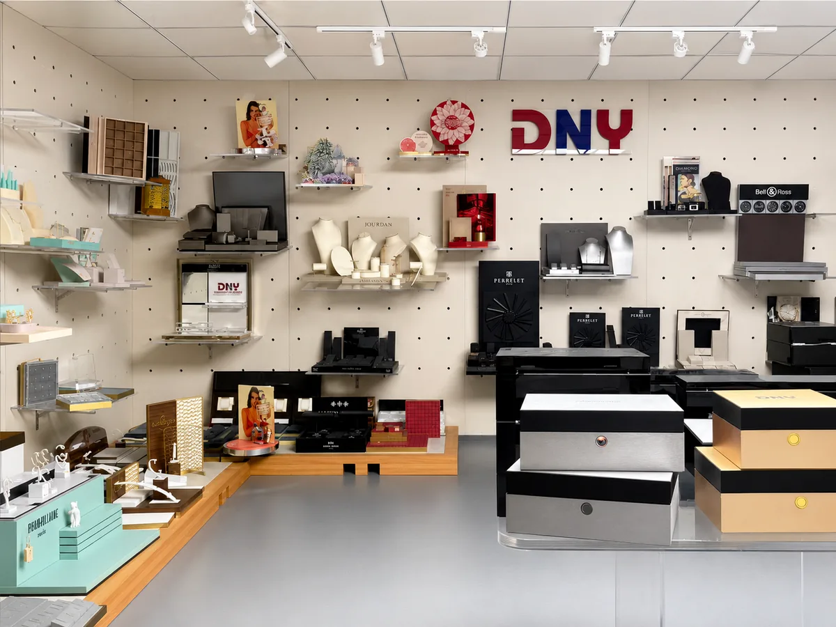 DNY sample room with jewelry display references and brand display samples