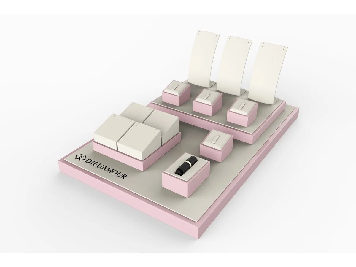 Three-dimensional render of a custom pink and ivory jewelry display set
