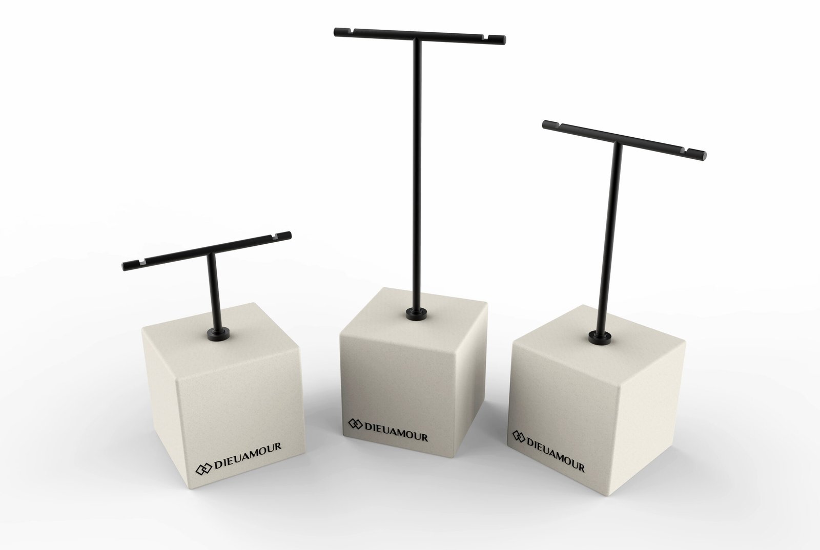Custom black metal T-bar jewelry display stands in three heights