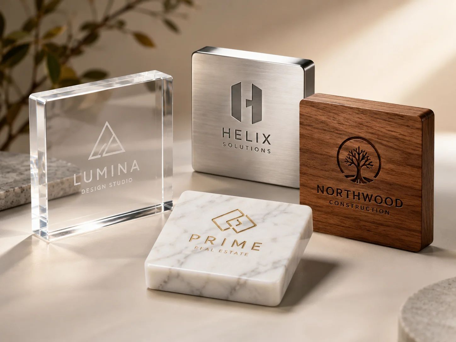 Custom acrylic, metal, wood and marble logo blocks manufactured by DNY Display