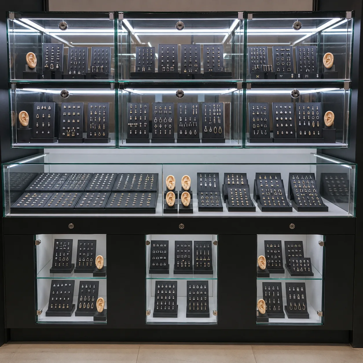 Custom earring display cabinets installed in a jewelry retail store