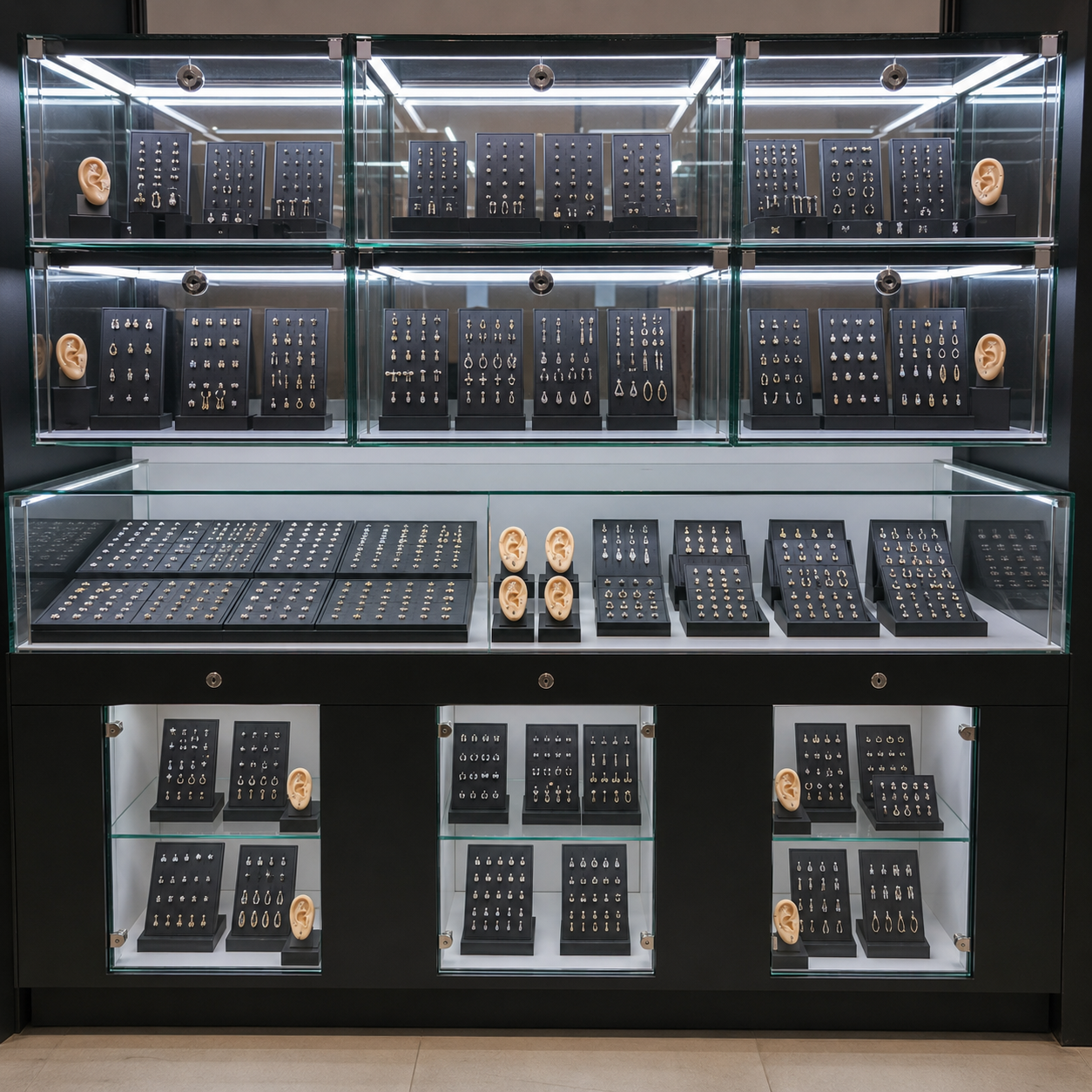 Custom earring display cabinets installed in a jewelry retail store