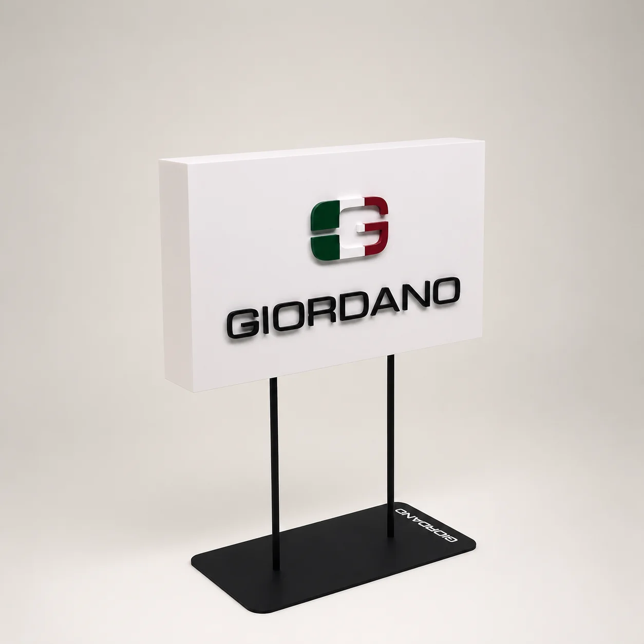 Metal base logo block with white painted MDF and raised acrylic letters