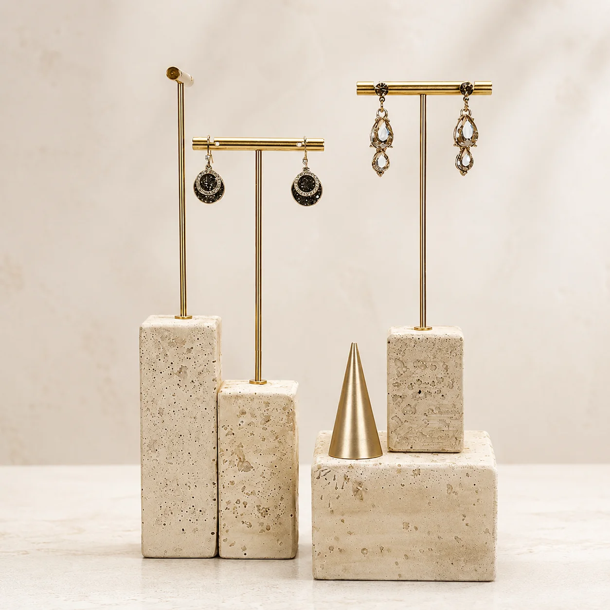 Custom stone and gold-tone metal earring display stands