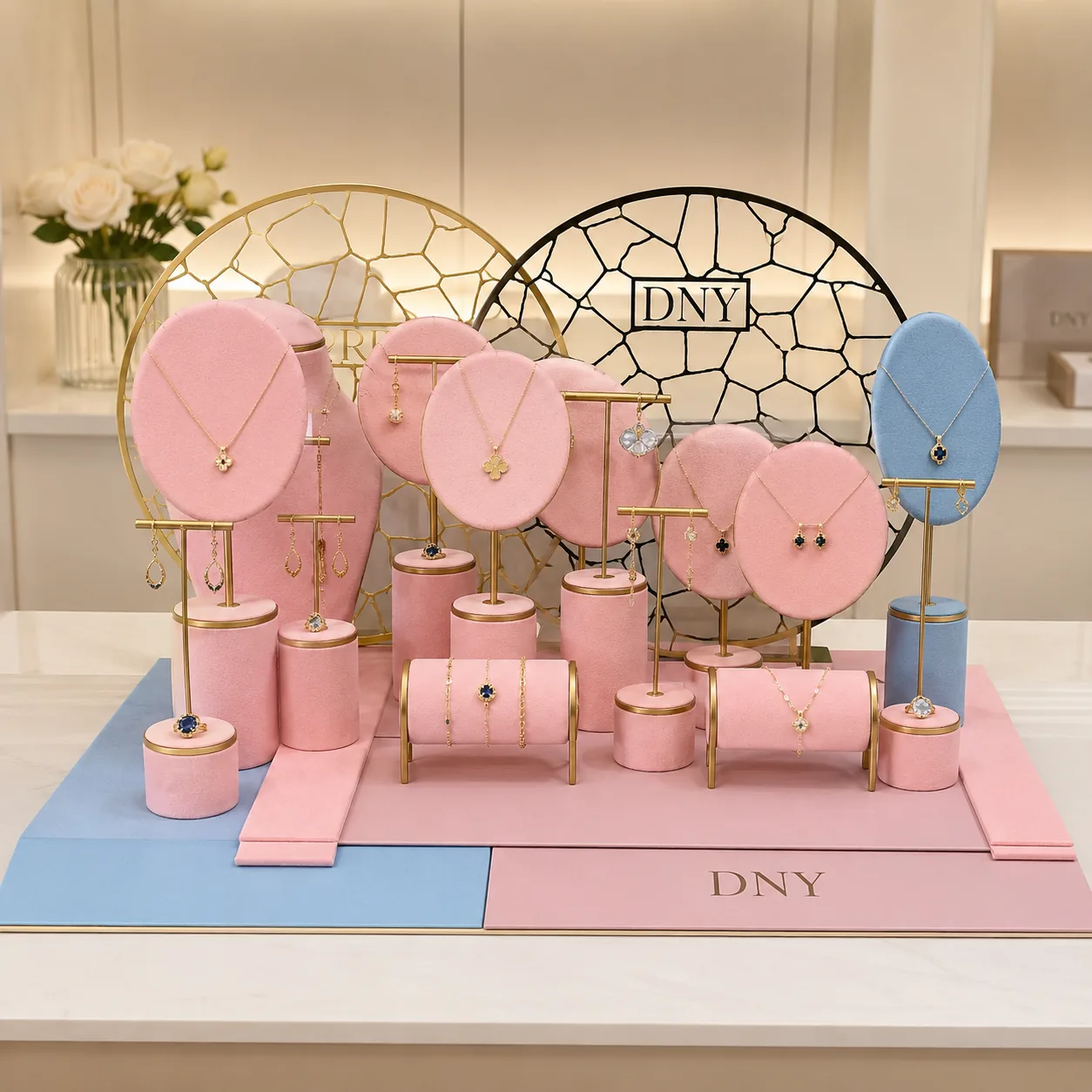 Custom pink and blue branded jewelry display collection