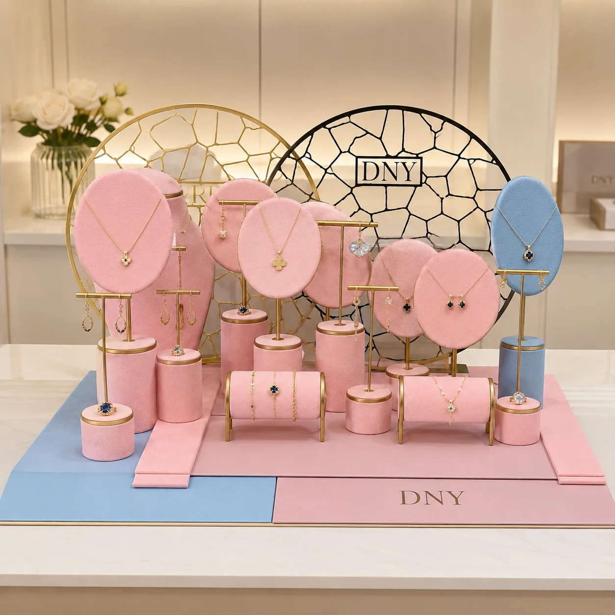 Custom pink and blue branded jewelry display collection