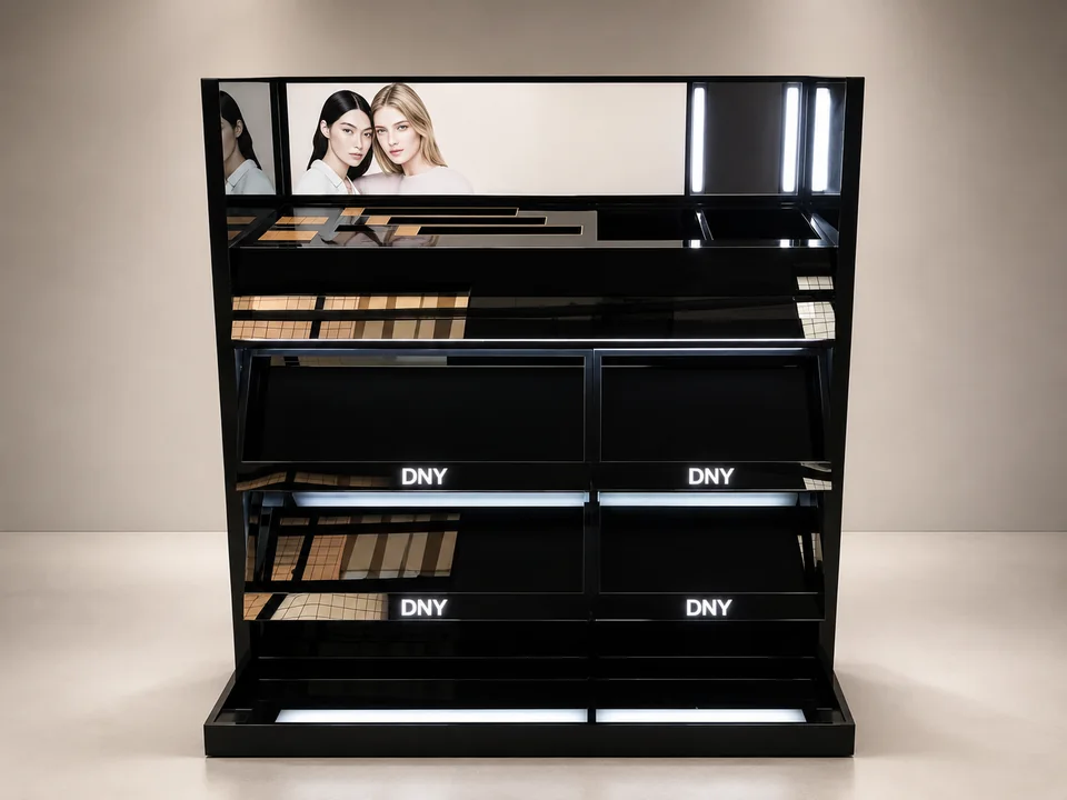 Custom illuminated cosmetics display fixture with shelving, mirrors and integrated lighting