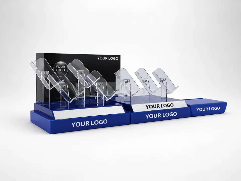 Custom acrylic electronics display stands with replaceable YOUR LOGO branding panels