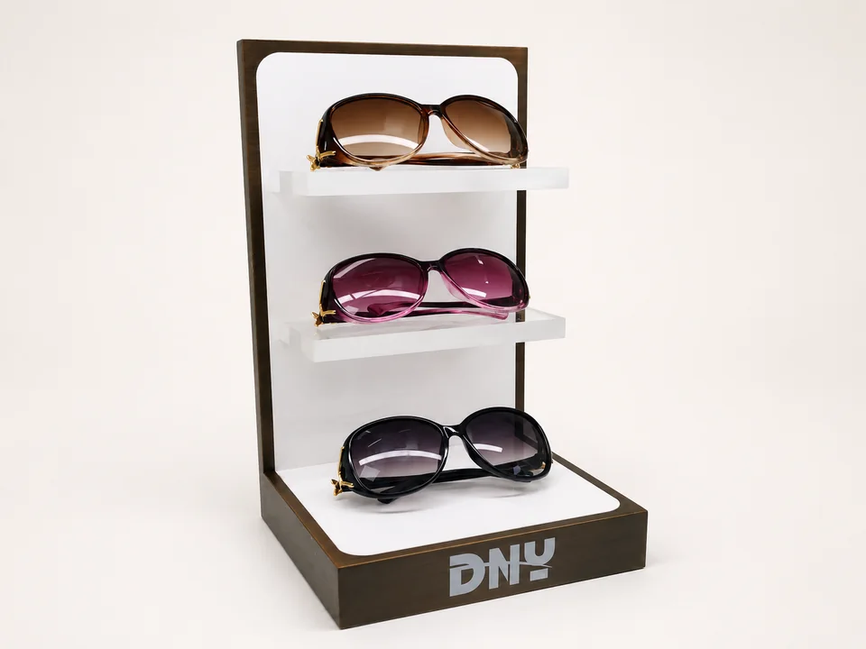 Custom three-tier eyewear display stand for sunglasses and optical frames