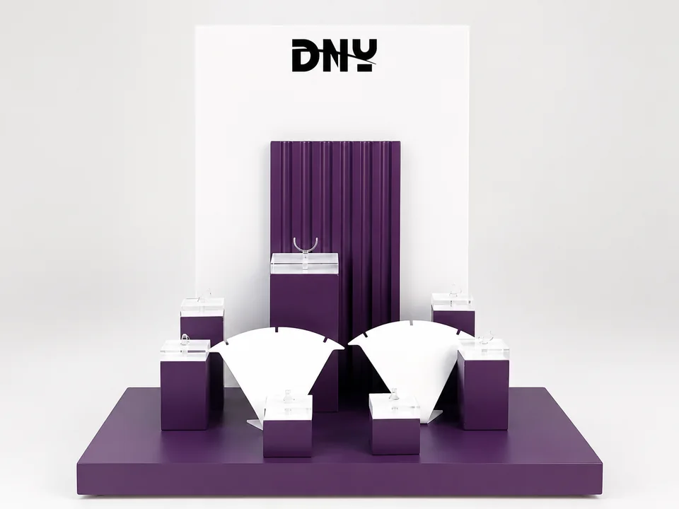 Custom purple jewelry display set with necklace, ring, bracelet and earring presentation fixtures