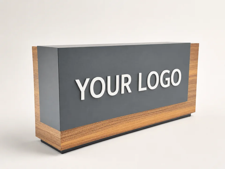 Custom wood and metal brand sign with raised YOUR LOGO lettering