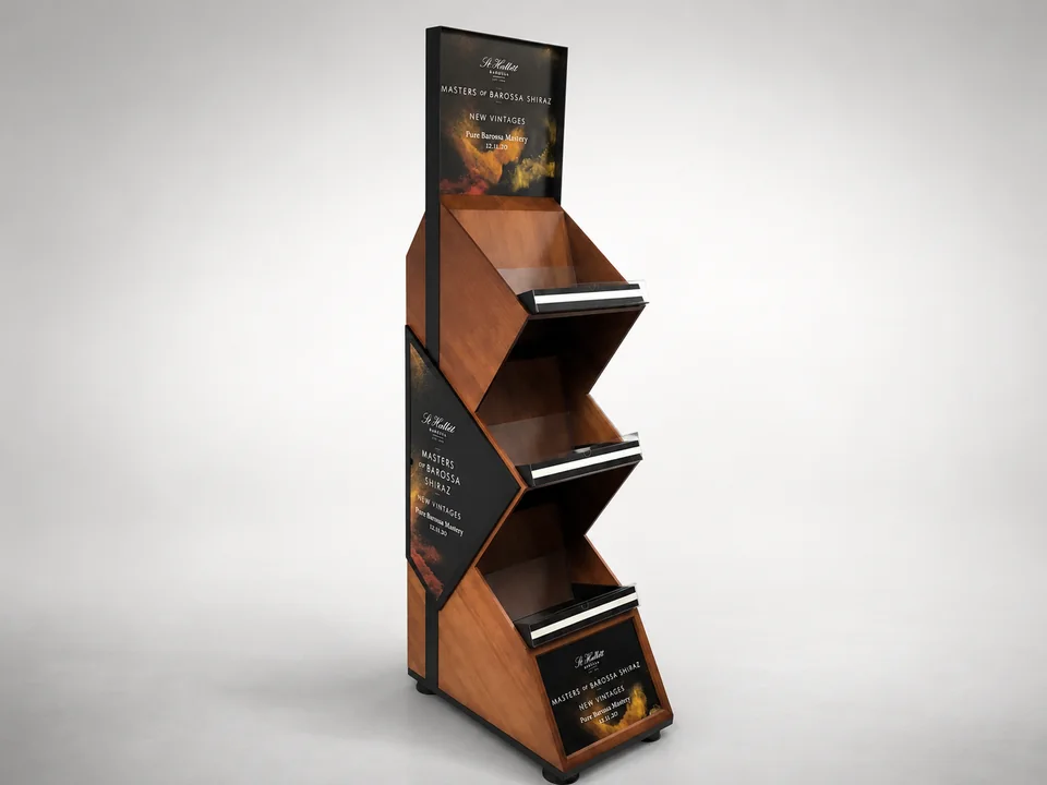 Custom freestanding wine retail display with wood finish, shelves and branded graphic panels