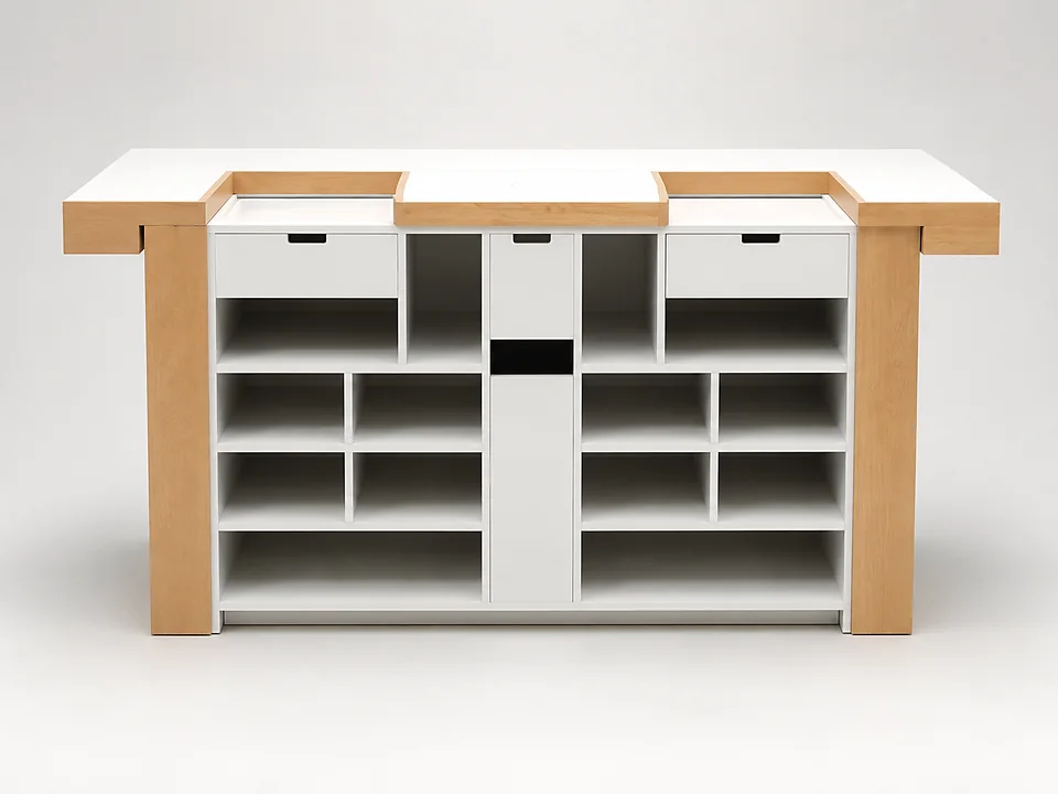 Front view visualization of a custom retail counter with drawers, shelving, cable openings and wood side panels