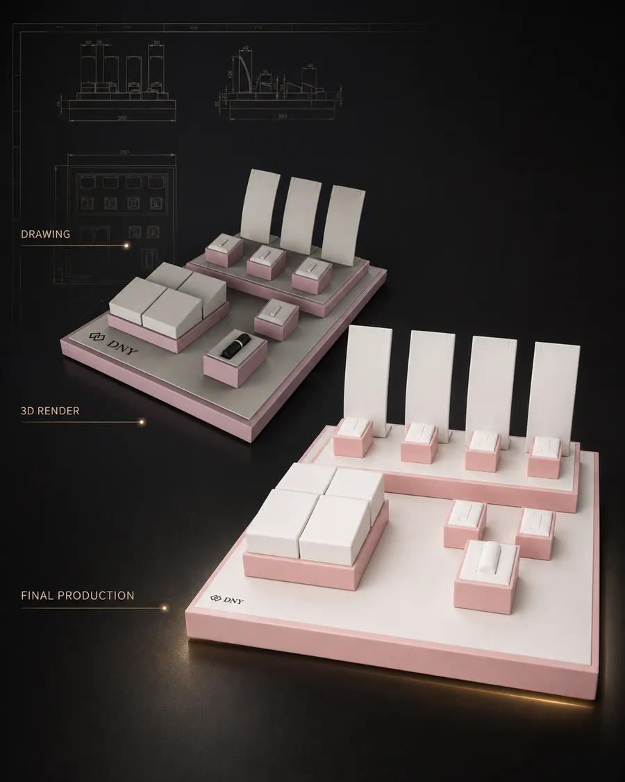 Custom display development process showing technical drawing, 3D rendering and final manufactured jewelry display