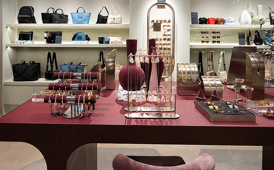 Client-installed jewelry presentation table with coordinated necklace, bracelet and earring fixtures