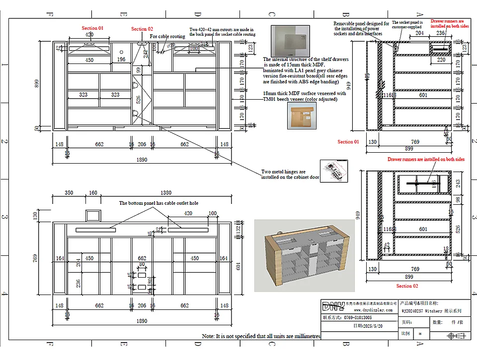Detailed technical drawing for a custom retail counter showing dimensions, drawer construction, cable routing and material specifications