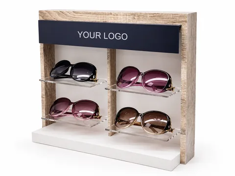 Custom wood and acrylic eyewear display stand manufactured by DNY