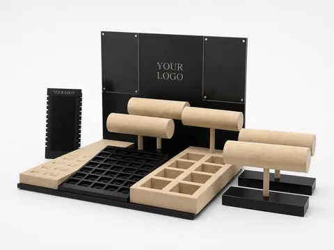 Custom beige and black jewelry display set with bracelet stands and trays manufactured by DNY