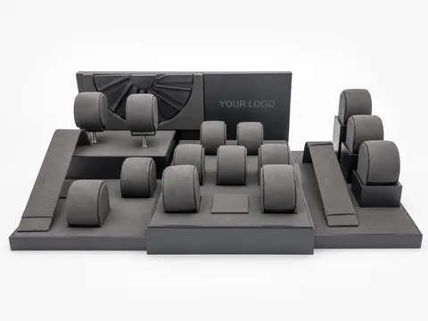 Custom gray watch display set with watch pillows and trays manufactured by DNY