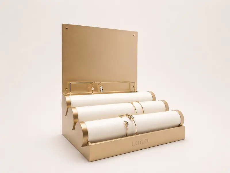 Custom bracelet and bangle display stand with multi-level rolls, logo area and branded retail counter presentation
