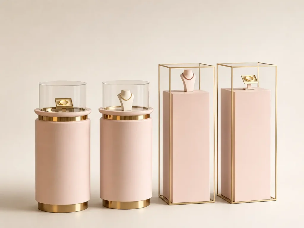 Custom jewelry display pedestals with gold frames and transparent protective covers