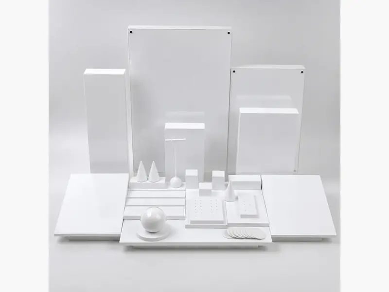 Complete high-gloss white acrylic custom jewelry display set