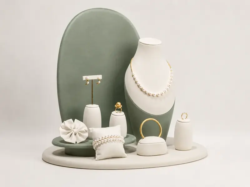 Complete sage green and ivory custom jewelry display set with necklace bust, earring stand, ring holders, bracelet pillow and coordinated retail presentation props