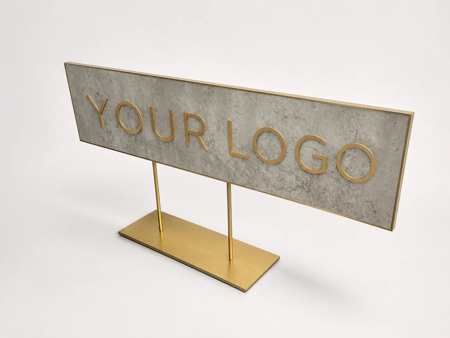 Custom stone and metal brand sign with freestanding base by DNY DISPLAY