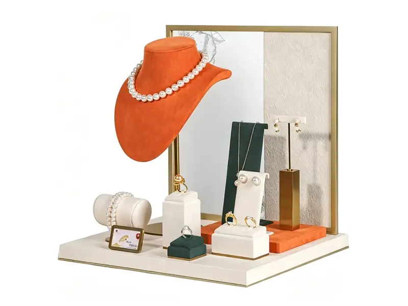 Complete orange suede and emerald green custom jewelry display set with necklace bust, bracelet pillow, ring blocks, pendant stand and earring bar