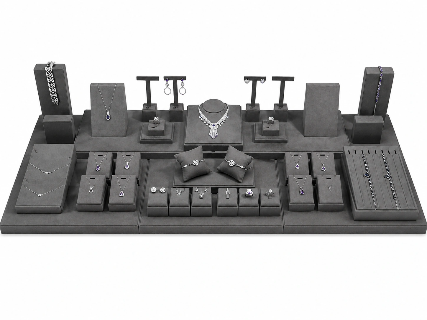 Custom jewelry display set with necklace busts, bracelet rolls, ring holders, earring displays, pillows, trays and logo signs for branded retail presentation