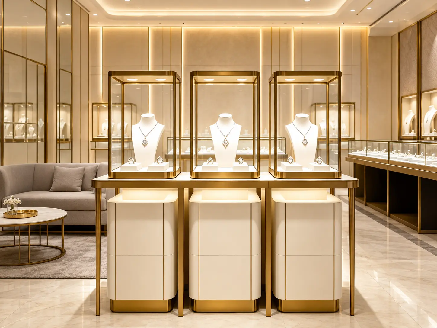 Custom jewelry showcase and presentation props including glass counters, acrylic covers, display pedestals and jewelry display boxes