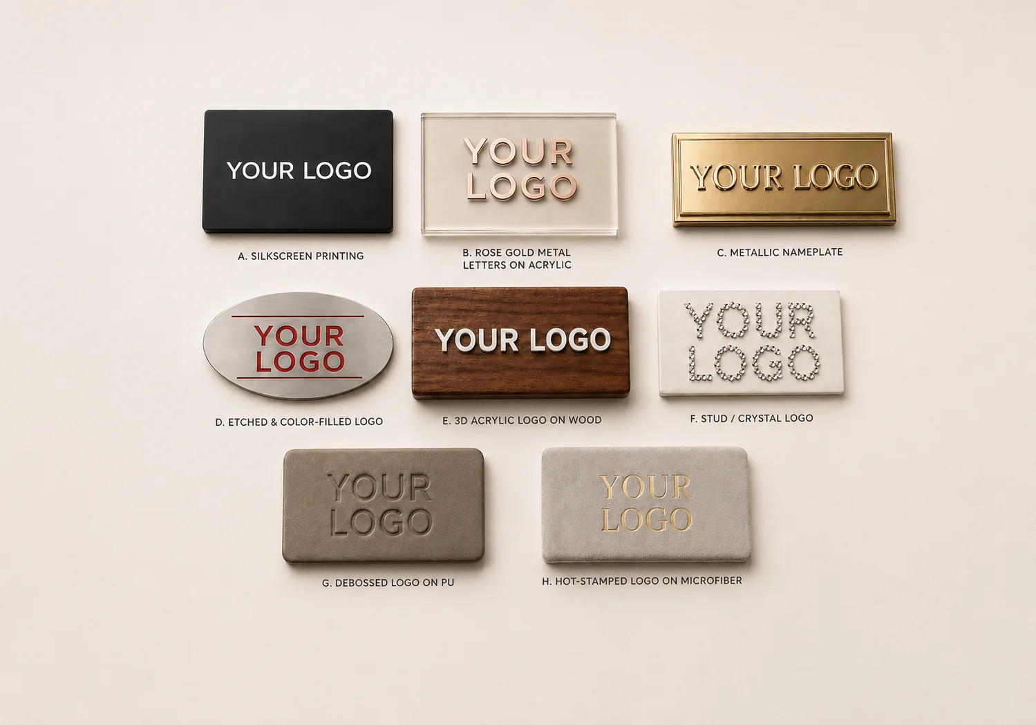 Logo application methods for custom jewelry displays including silkscreen, UV print, engraving, hot stamping, metal logo plate and acrylic logo block