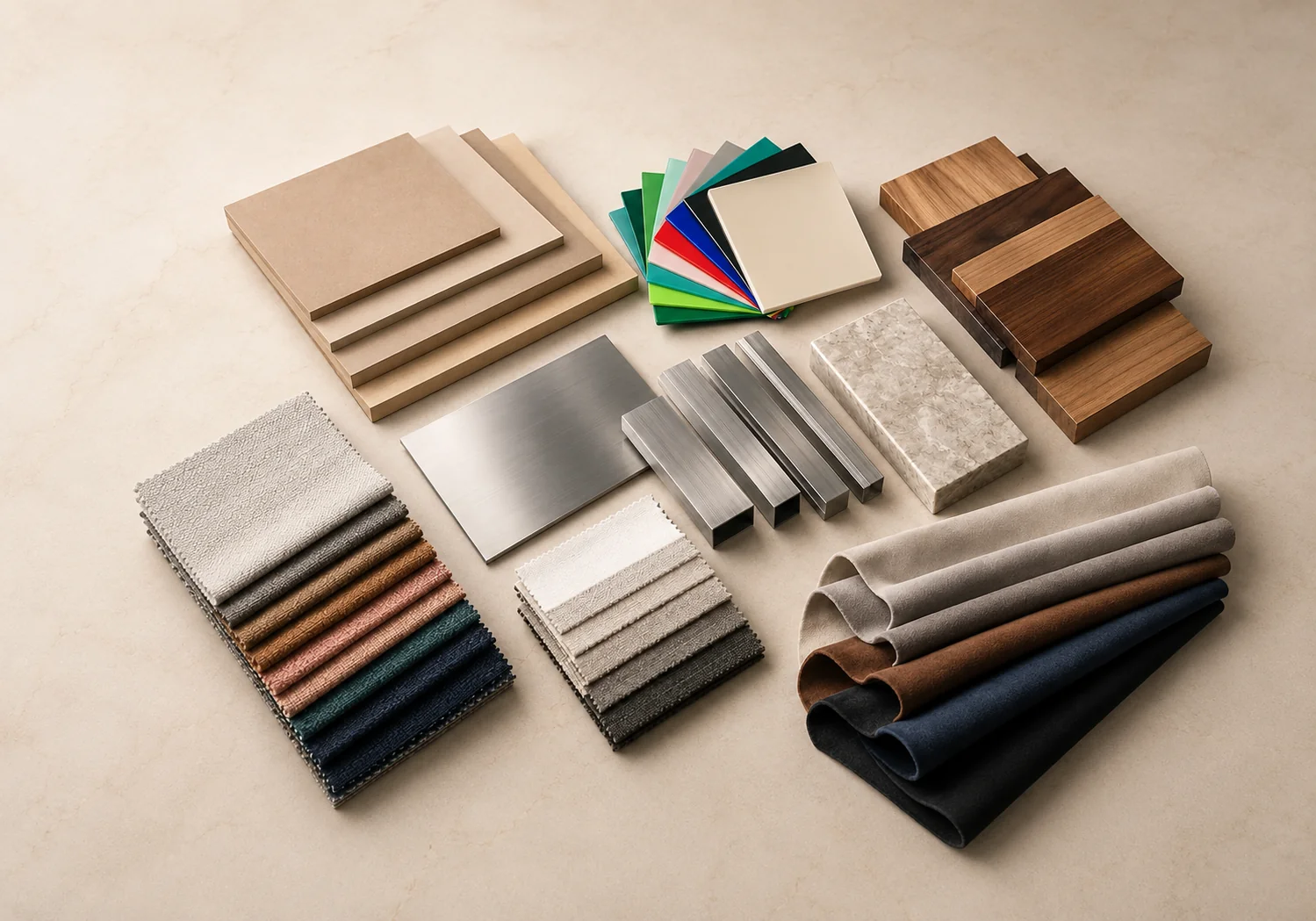Custom jewelry display material options including wood, MDF, acrylic, metal, fabric, leatherette, resin, marble and cement