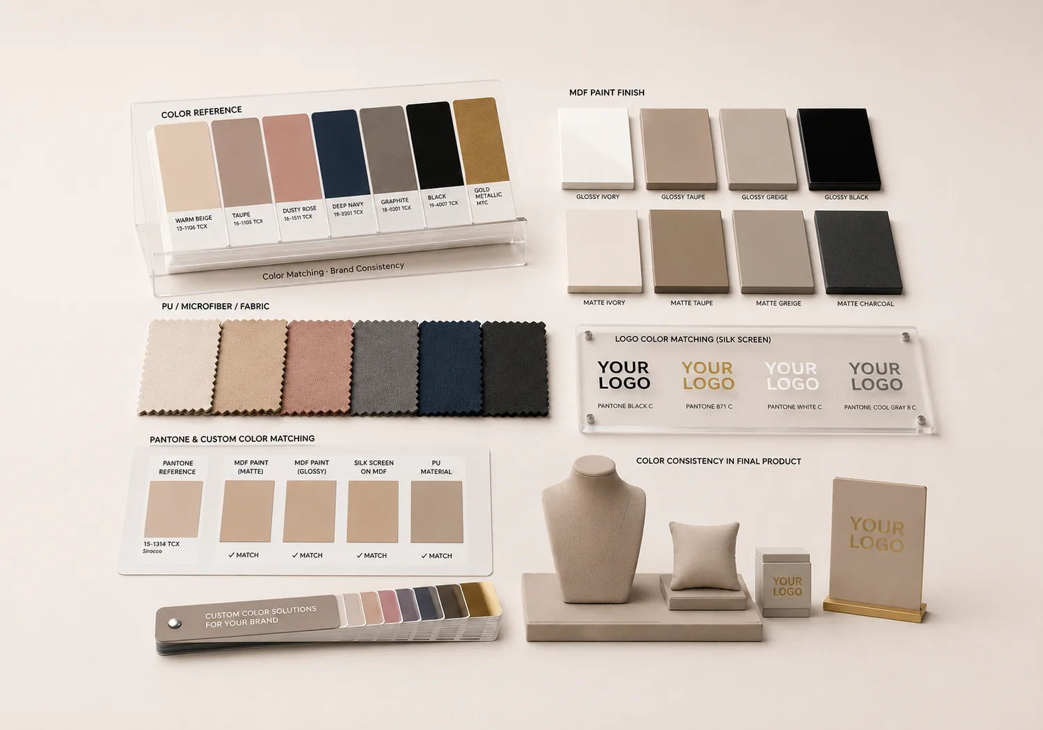 Pantone color matching for custom jewelry display sets with brand color samples and coordinated display details