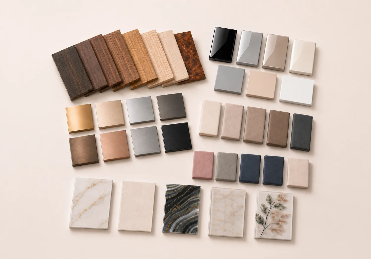 Surface finish options for custom jewelry displays including matte, gloss, brushed metal, veneer, velvet, suede, leather texture and stone finish
