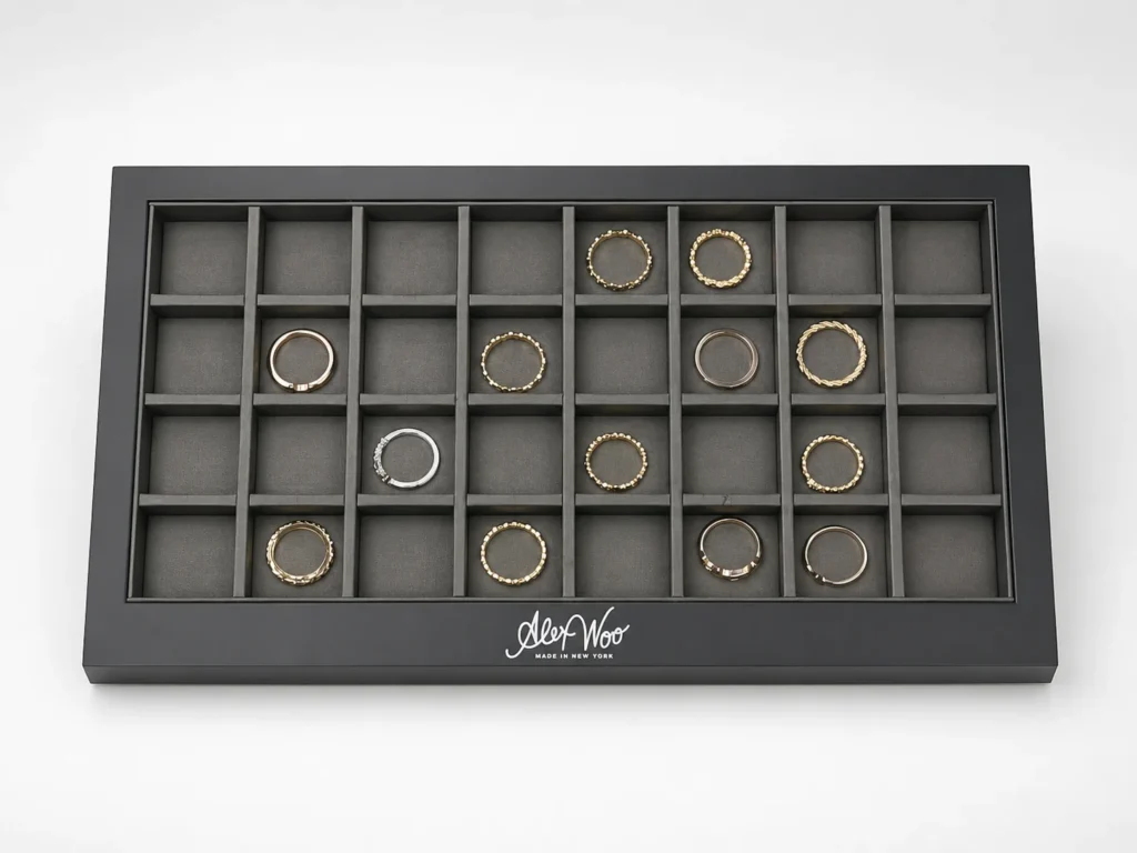 Custom ring display tray with individual PU-wrapped compartments