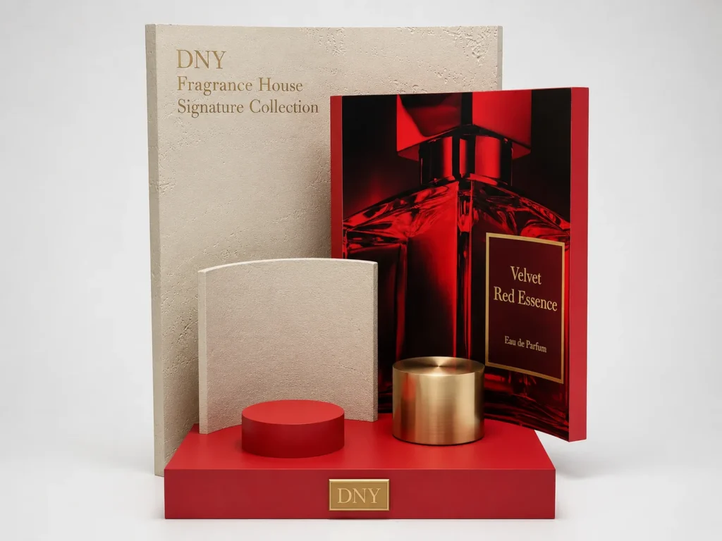 Front view of custom perfume counter display stand with red MDF base and gold-tone metal holders
