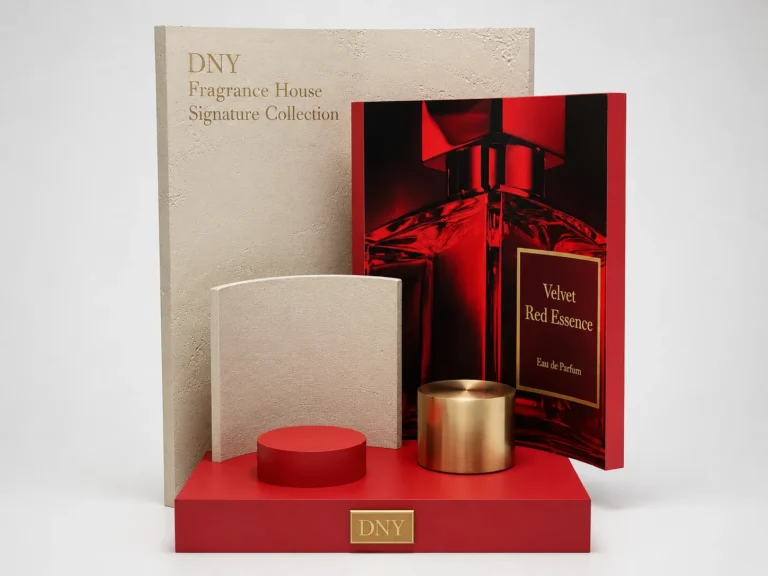 Front view of custom perfume counter display stand with red MDF base and gold-tone metal holders
