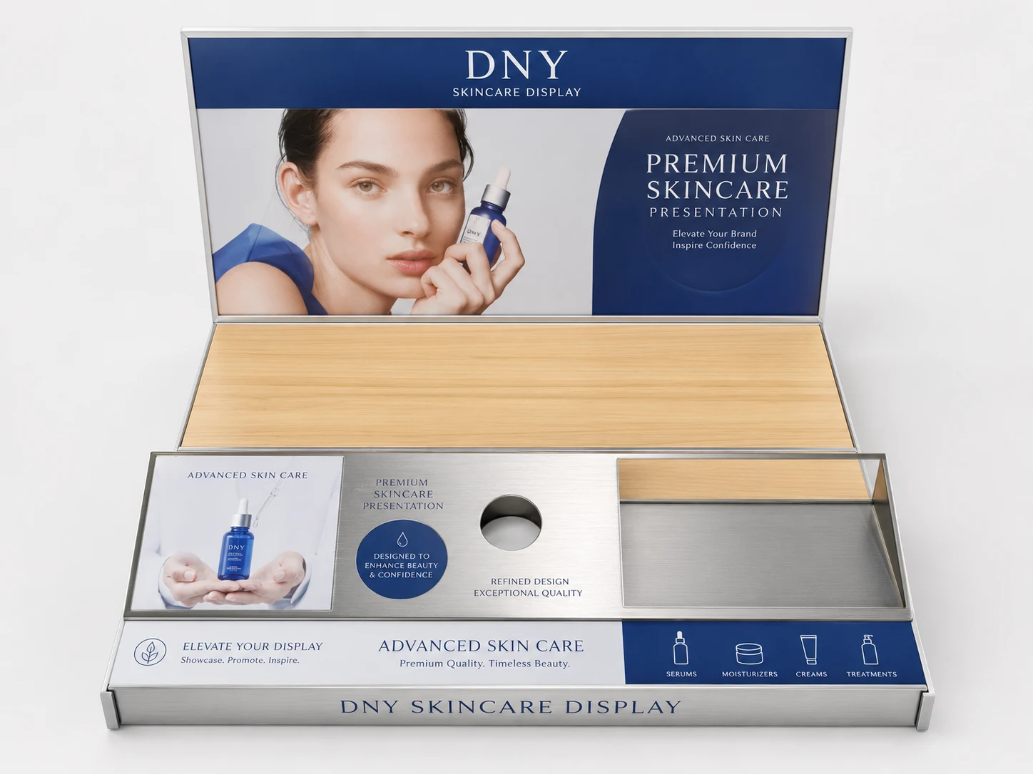 Custom skincare retail display with branded graphics by DNY DISPLAY