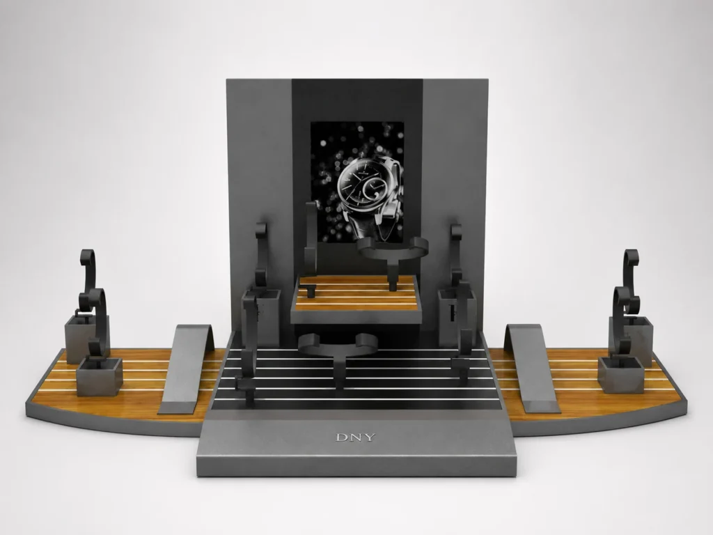 Custom watch display stand set with wood veneer and glossy MDF